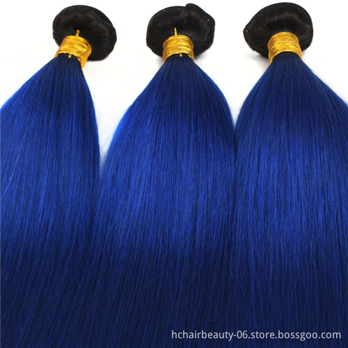 Pre-Colored 2 Tone Blue Brazilian Hair Weave Bundles Straight Ombre 3 Bundles T1B/Blue Dark Roots Human Hair Extensions Remy